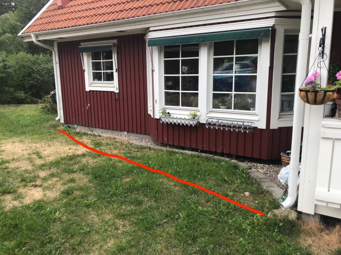 Bild på en del av ett röd-vitt hus med planerad dräneringslinje markerad med rött på gräsmattan, avsedd för vattenavrinning.