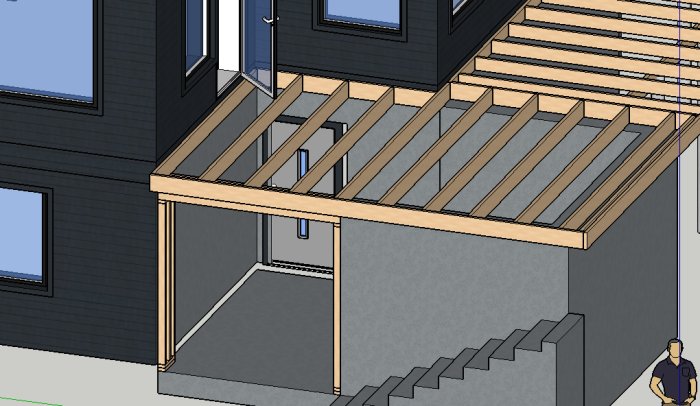 Illustration av altanbygge ovanför ett förråd, med bärlinor och takstolar monterade mot en husfasad.