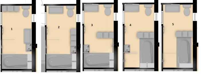 Fem olika skisser över badrumsinredning med varierande placering av handfat, toalett, dusch och badkar.