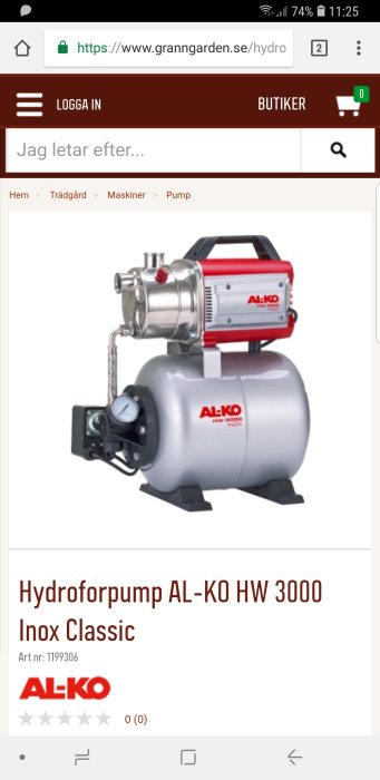 AL-KO hydroforpump HW 3000 Inox Classic, grå och röd, visas på webbsida med beskrivning och artikelnummer.