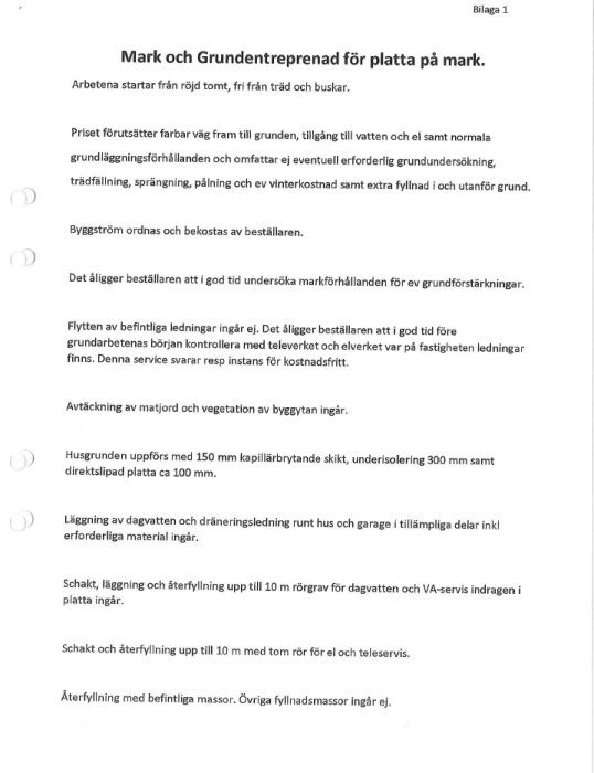 Dokument med text gällande "Mark och Grundentreprenad för platta på mark" som beskriver arbetsprocess och material som ingår i kontrakt.