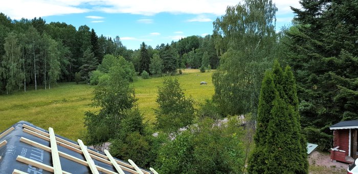 Utsikt över lantligt landskap med läktarbete vid skorsten, gröna träd och en grannes hus i fjärran.