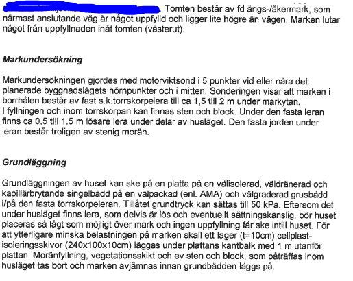 Sida från dokument beskriver tomts markundersökning och grundläggning med text på svenska.