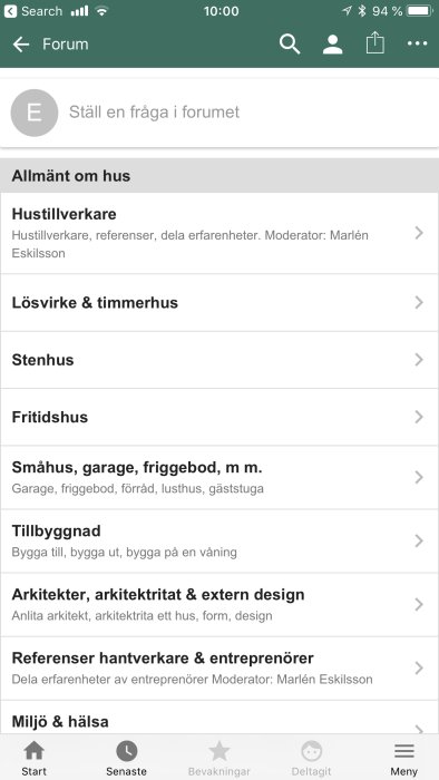 Skärmbild av forumets huvudmeny för diskussionstrådar om husbyggnad, visas på en iPhone 7+.