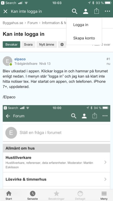 Skärmdump som visar ett diskussionsforum på en smartphone med inloggningsfönster öppet.