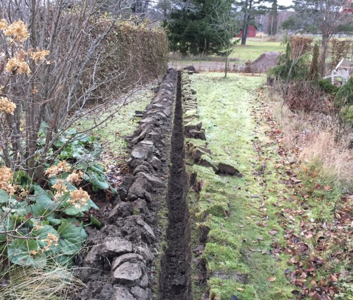 Djupt grävd ränna i lera för fiberinstallation längs en trädgårdsväg med branta kanter.
