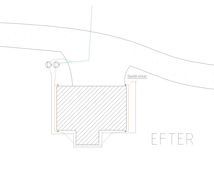 Ritning av planerad dränering och dagvattensystem efter renovering, med orange och blå ledningar.