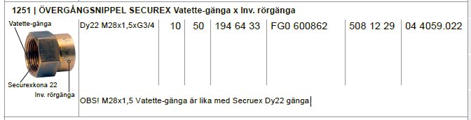 Övergångsnippel SECUREX med yttre gänga och specifikationer, inklusive artikelnummer och storlek.