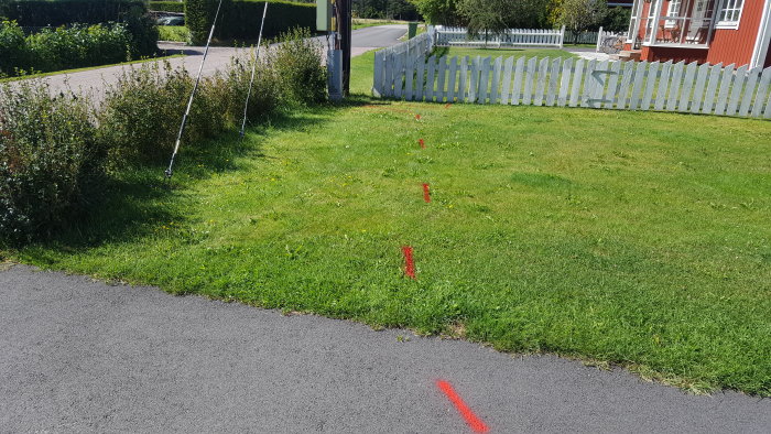 En grön gräsmatta med röda markeringar i gräset, indikerande kabeldragning, nära ett vitt staket och buskar vid en gata.
