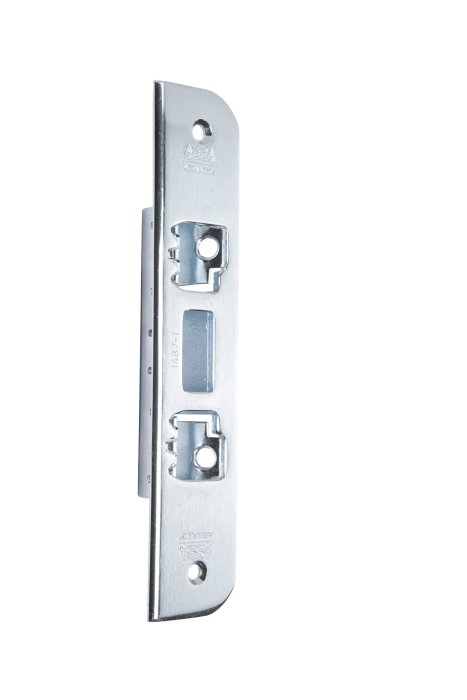 Metalliskt slutbleck för låshus visandes uttag för kolvar och reglage, märkt med "ASSA ABLOY" och produktnummer "1487-1".