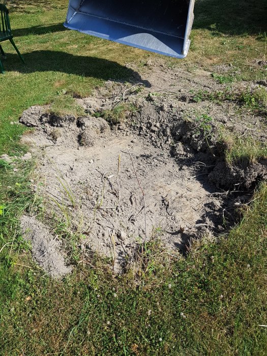 Uppgrävd plats i trädgård där en rosbuske nyligen har tagits bort, omgiven av gräs och jord.