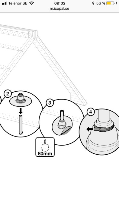 Instruktionsbild för installation av rör i tak med markerade steg och måttangivelse för rörgenomföring.