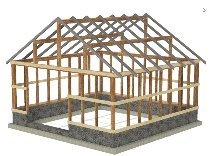 3D-modell av skelett till kallförråd med betongsula, lecablocksockel och 50x100mm träkonstruktion.