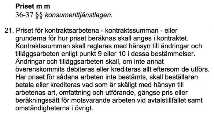 Bild på text ur ett dokument som beskriver punkt 21 i en kontraktsklausul som refererar till konsumenttjänstlagen.