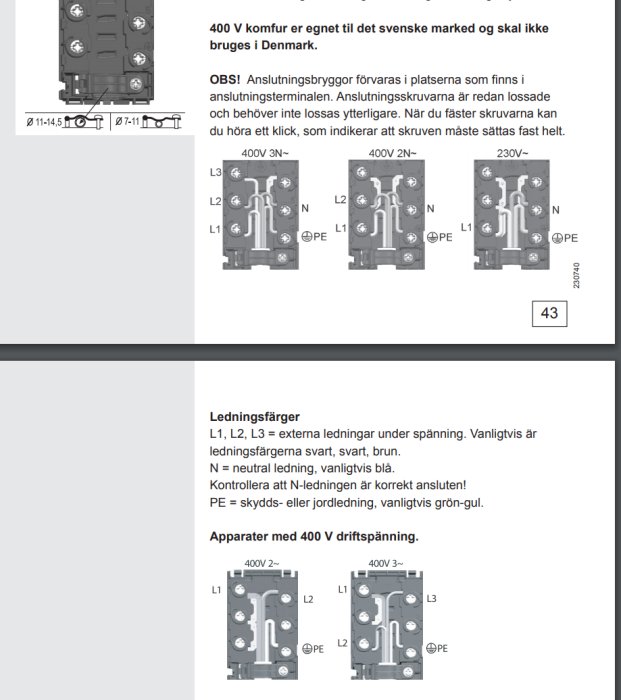 Installationsanvisning för spis med diagram över trefasig koppling och färgkodning av ledningar. Sidnummer 43 synligt.