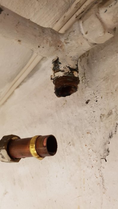 Avbruten rostig rörkoppling och ren kopparledning mot vit bakgrund i en källare.