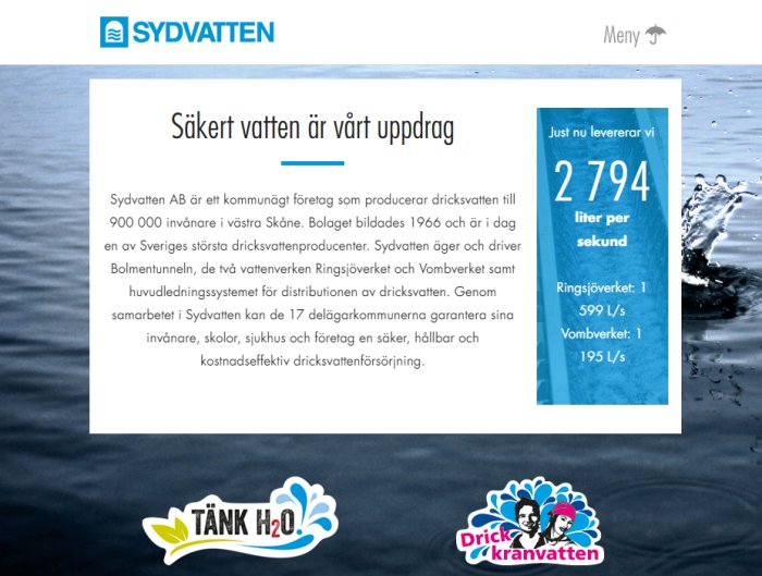 Skärmbild av Sydvatten.se med information om vattenproduktion och uppmaning att dricka kranvatten.