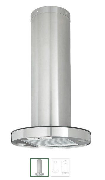 Rostfri köksfläkt på 106 cm höjd med utkragad kåpa och cylinderformat rör.