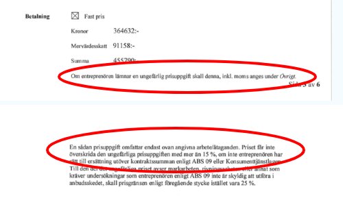 Kontraktsdokument med markeringar om prissättning och avtalade ramar för kostnadsöverskridanden.