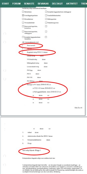 Skärmdump av dokument med innehållsförteckning som visar kontraktslistan med markerade delar inklusive byggbeskrivning och bilaga 1.