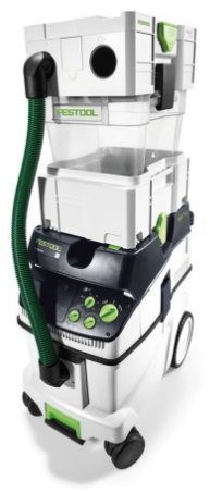 Festool cyklonlösning CT-VA-20 staplad på en dammsugare med genomskinlig låda och slang.