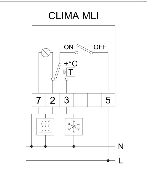 Schematisk bild av en manuell termostat för golvvärme med beteckningar och kopplingspunkter.