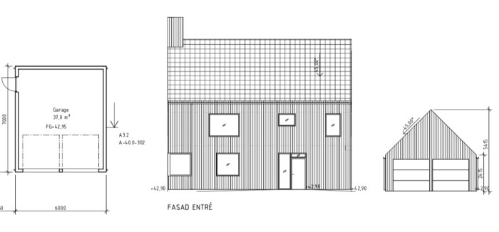 Ritningar av garage med mått för takstolar, entréfasad och sidovy.