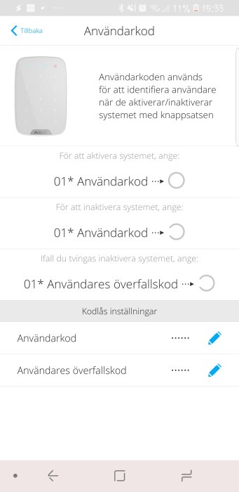 Skärmbild som visar programmering av användarkoder i en larmsystem app.