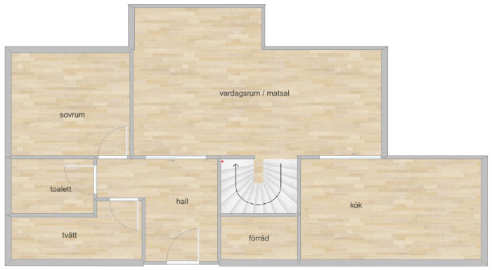 Grovt ritad skiss av en planritning med markerad trappplacering mellan vardagsrum och hall.