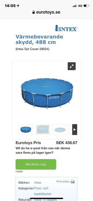 Skärmdump från eurotoys.se som visar en Intex poolöverdrag med texten "Värmebevarande skydd, 488 cm" och priset på 438.67 SEK, med en indikator att varan är slutsåld.