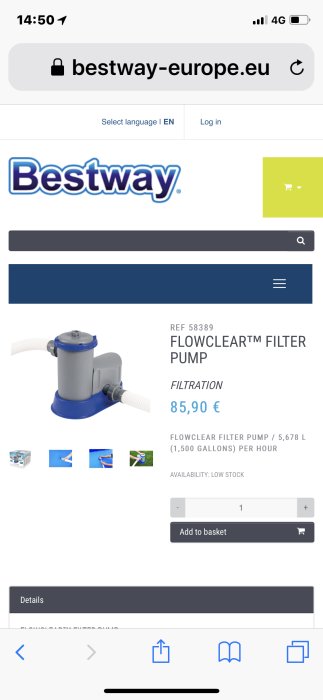 Flowclear Filter Pump på en webbutikssida, pris 85,90 €, "Low stock" status, produktbilder och köpknapp synliga.