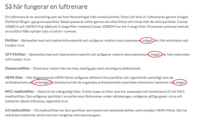 Skärmbild av en text som förklarar hur en luftrenare fungerar med ordet 'mögel' markerat tre gånger.