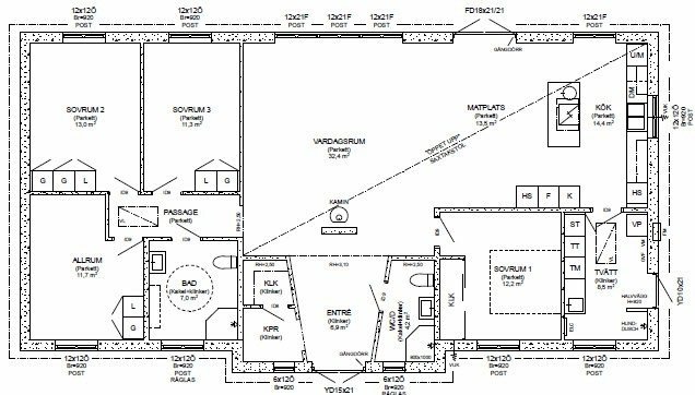 Ritningsbild av en rektangulär bostadsplan med markering av olika rum som sovrum och vardagsrum, 9x18 meter.