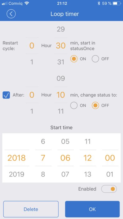 Skärmdump av looptimer-inställningar i en app för styrning av poolpump med intervaller för start och stopp.