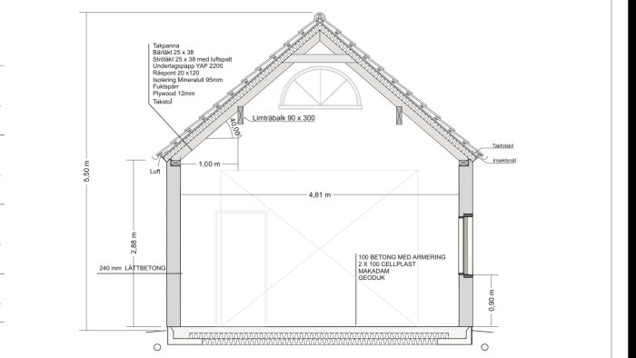 Sektionsteckning av ett garage med angivna mått och material för konstruktion, isolering och tak.