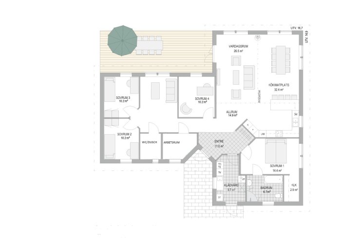 Arkitektonisk ritning av en våningsplanslayout med etiketterade rum, inklusive ett felmärkt 'Allrum' i köket.