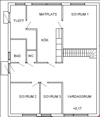 Planlösning av ett hus med markerade rum som kök, matplats, vardagsrum och tre sovrum samt badrum och WC.