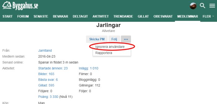 Skärmdump från ett användargränssnitt med markerat alternativ 'Ignorera användare'.