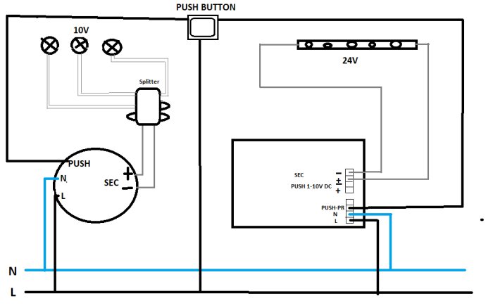 Elektrisk kopplingsskiss med drivdon, LED-lampor, splitter och push-button för dimmer.