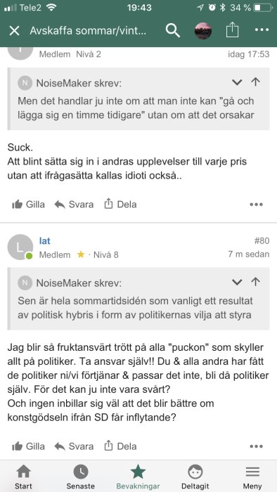 Skärmdump från ett forum inlägg där medlemmar diskuterar politik och personansvar.