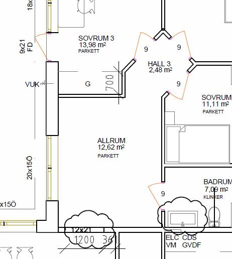 Arkitektonisk ritning av en bostadsplan där ett allrum med muppvinkel syns omgivet av sovrum och badrum.