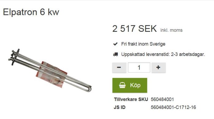 Elpatron 6 kw för uppvärmning med prisinformation och köpknapp.