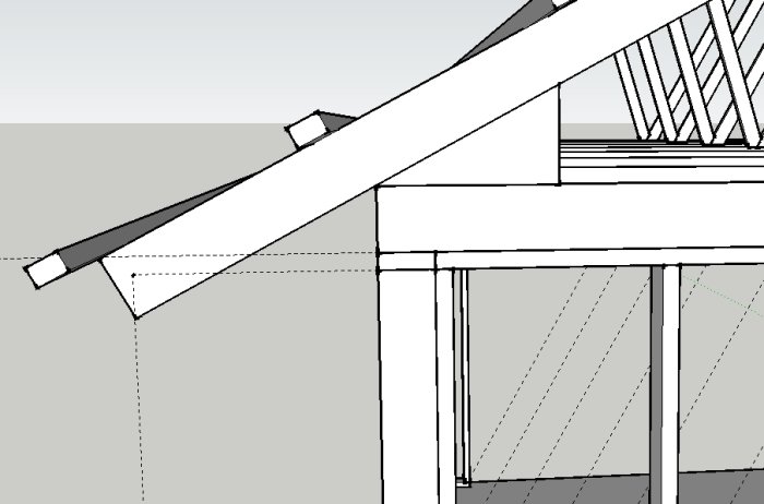 Enkel 3D-ritning av en garagestomme med detaljer av takstolskonstruktionen där överramen inte ligger direkt mot hammarbandet.