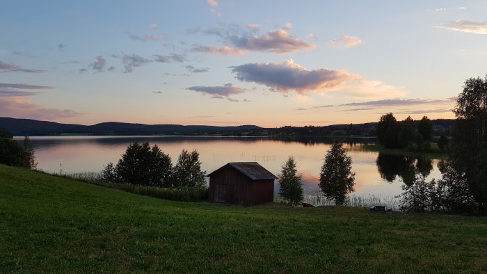 Solnedgång över en lugn by med sjöutsikt, träd, och ett ensamt skjul i Västerbottens län.