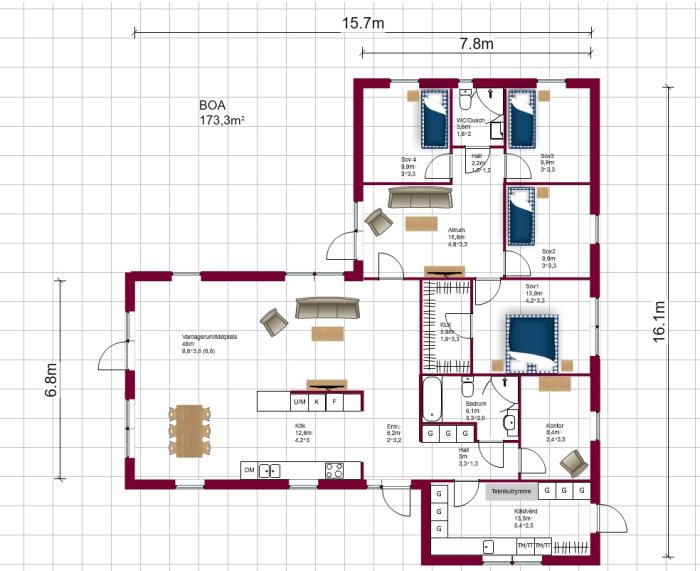 Arkitektritning av ett hus med detaljerad planlösning och måttsättning, inkluderar rum och möblering.