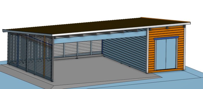 3D-modell av en anpassad byggnad utan cykelparkering och med minskad takfot.