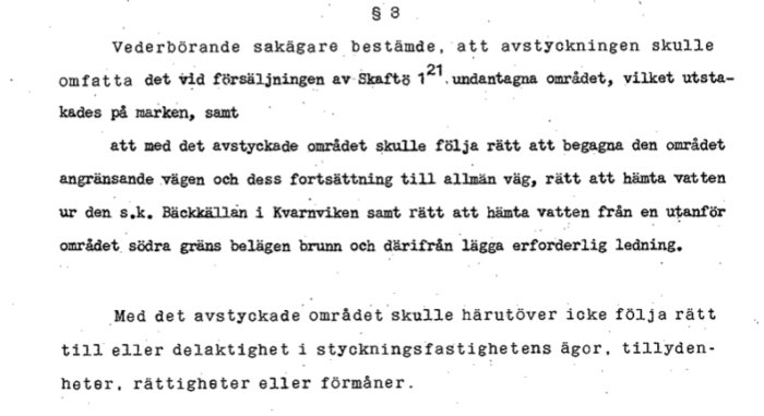 Utdrag ur ett gammalt dokument som beskriver avstyckning av fastighet med specifika rättigheter och begränsningar noterade.