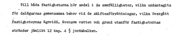 Utskrift av dokument med text beskrivande andelar i samfälligheter för fastigheter, inklusive vatten och grund.