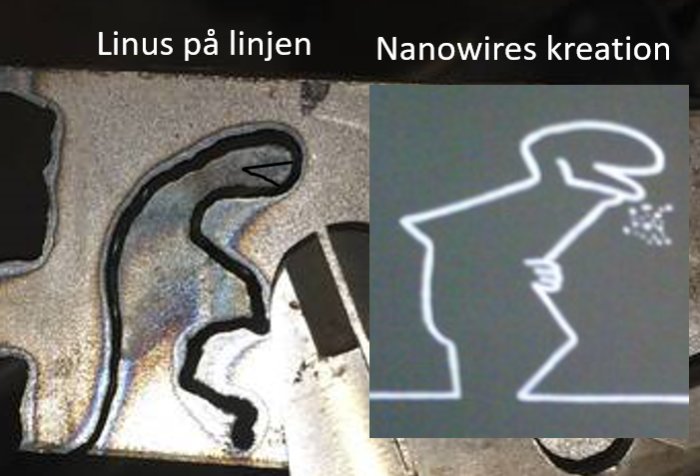 Svetsmönster på metall liknar silhuetten av Linus på linjen jämfört med Nanowires kreation-illustration.