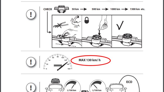 Utdrag ur manual för Thule Excellence XT med instruktioner och varning för maxhastighet på 130 km/h.